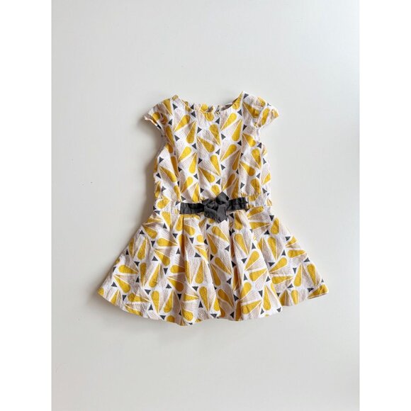 Girl's OKAIDI Yellow Grey Abstract Heart Print Cotton Fit & Flare Dress, Size 4 - Picture 1 of 13